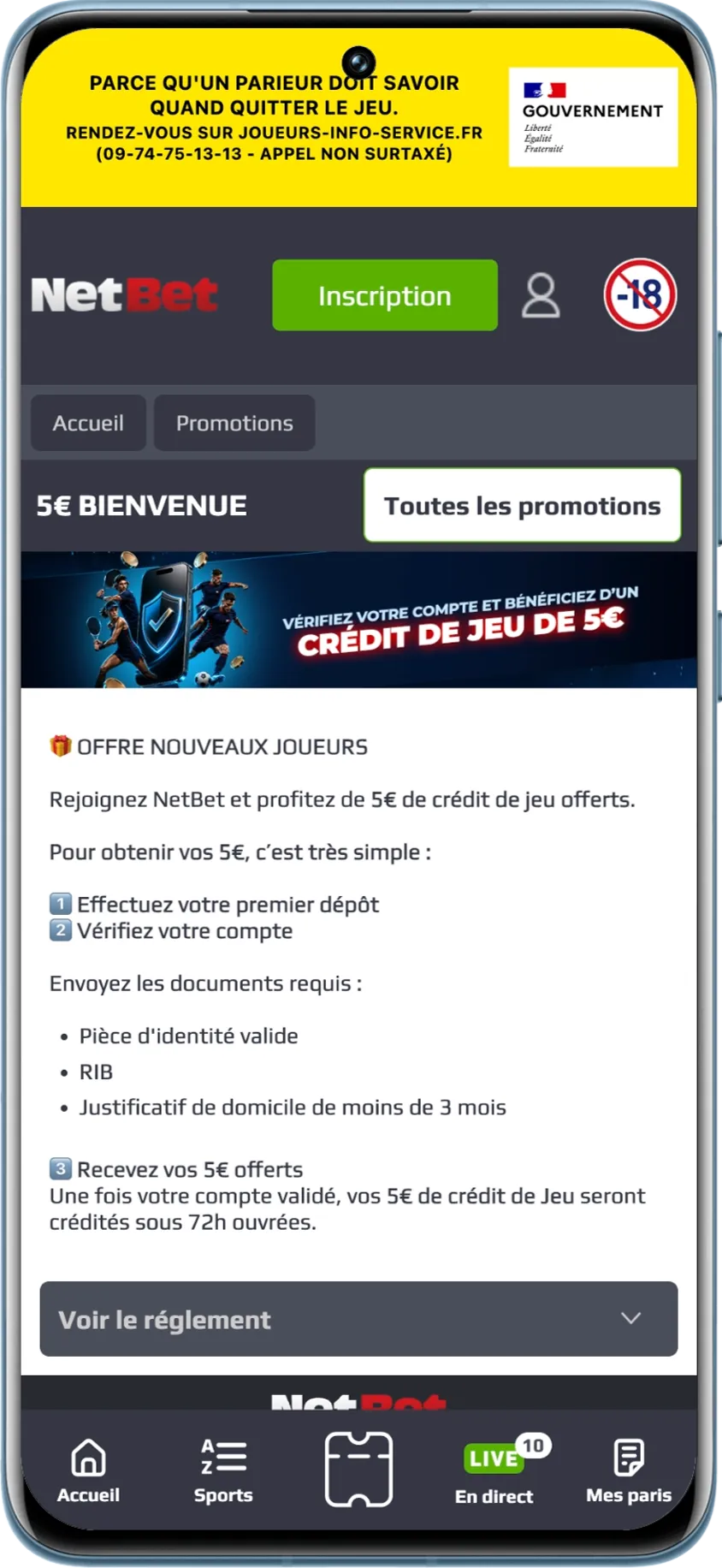 Offre des 5 € offerts en freebets après l’inscription sur le site de paris sportifs NetBet