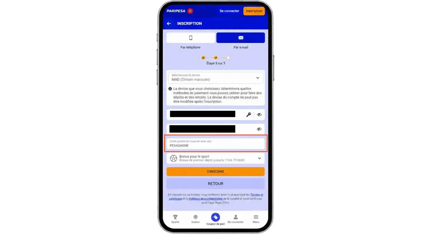 Mettre PESAGAGNE lors de l'inscription sur PariPesa