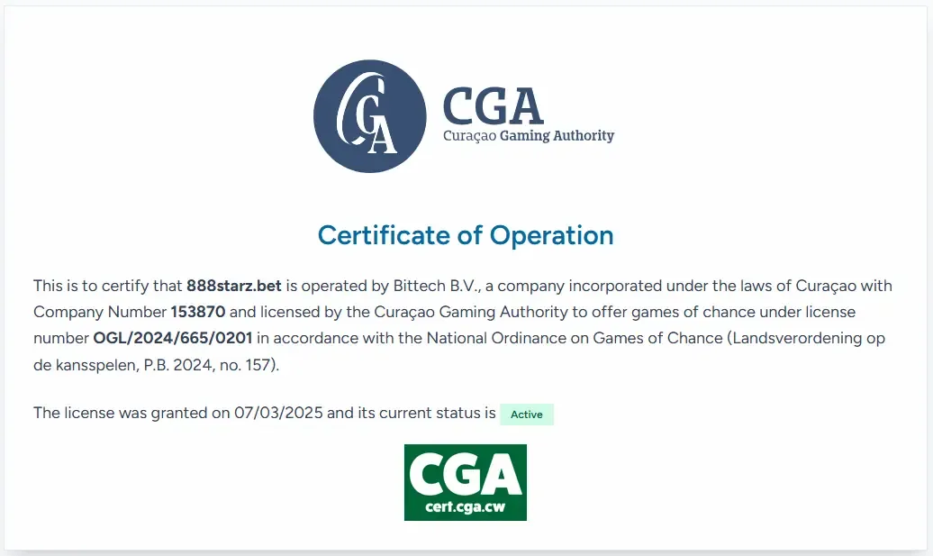 Licence Curaçao 888starz Bet