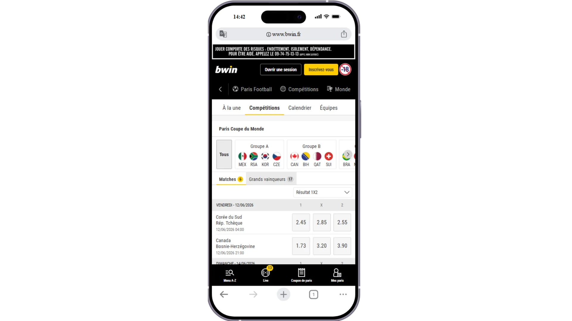 Bwin permet de parier sur les matchs et les grands vainqueurs de la CDM 2026