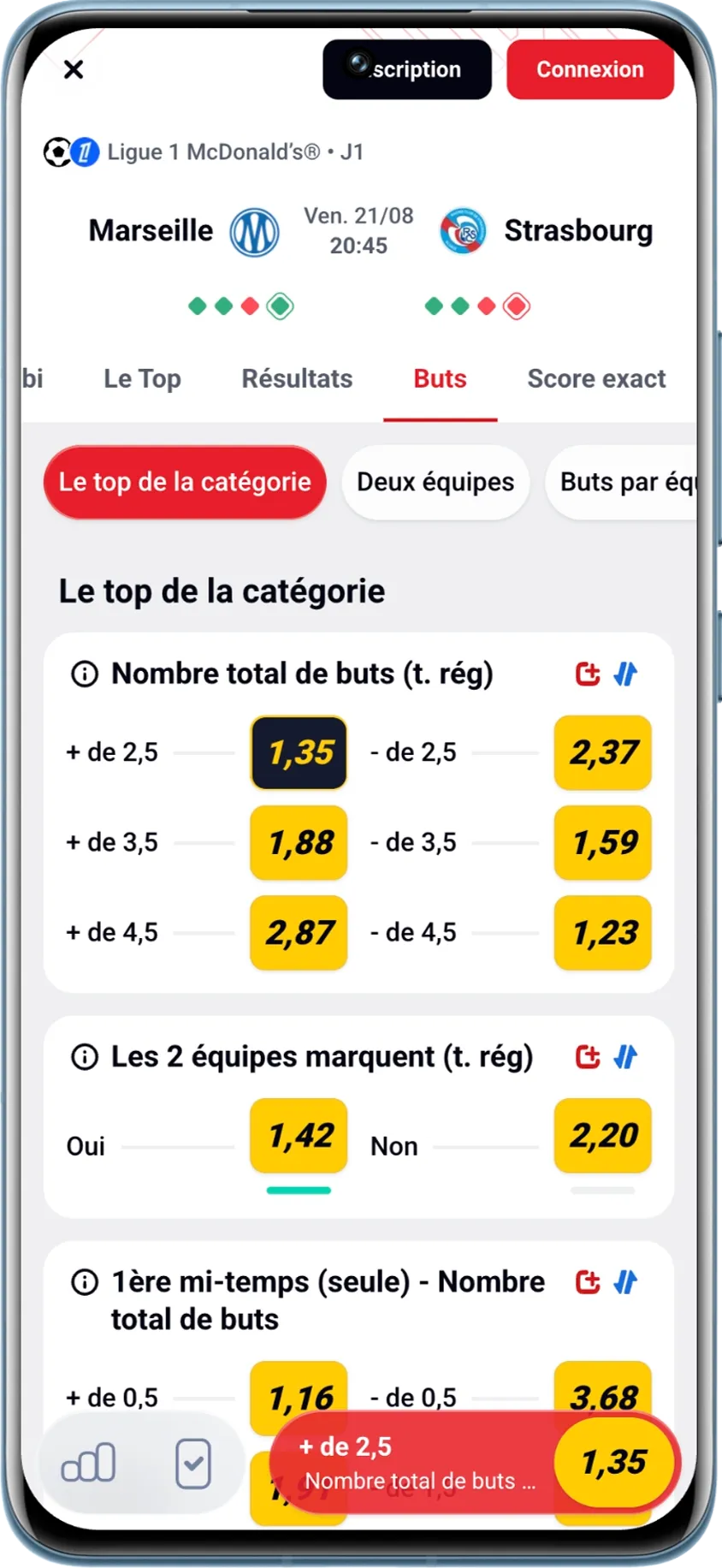 Marché du nombre total de buts pour le match d’ouverture de la Ligue 1 Marseille contre Strasbourg sur Betclic.