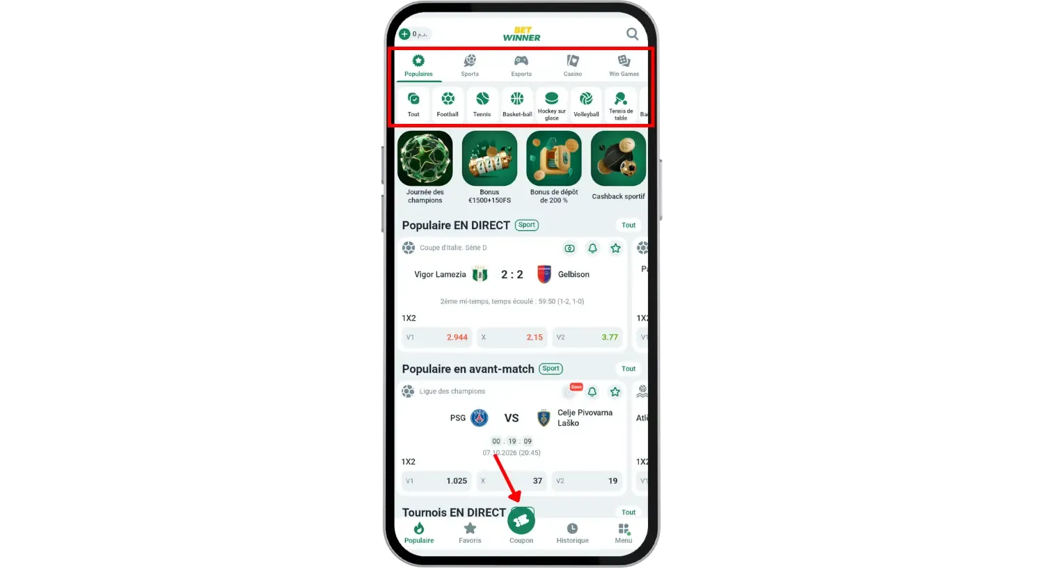 Interface de BetWinner APK