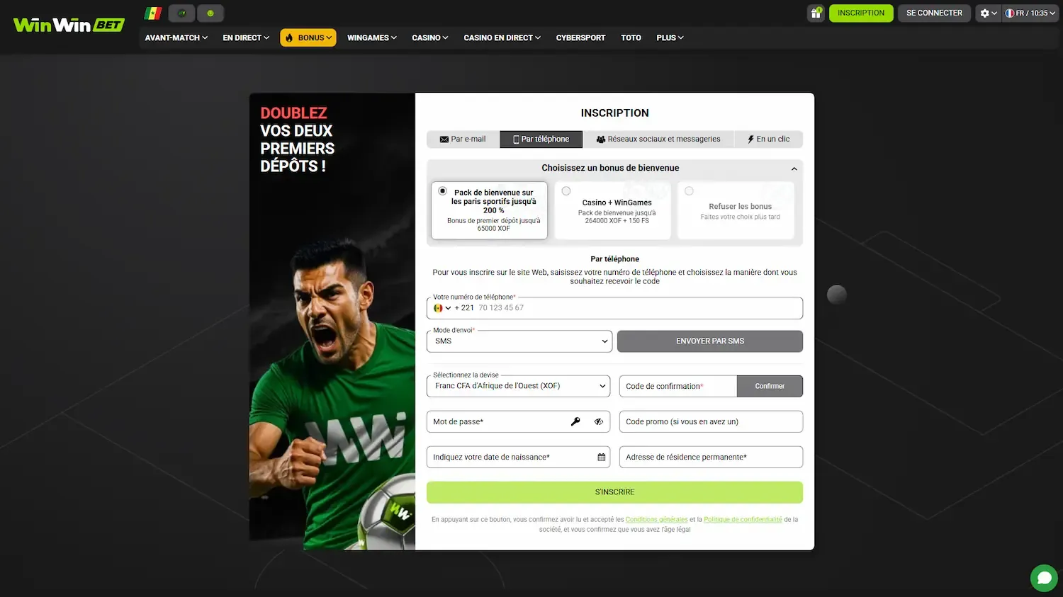Inscription WinWin par email depuis le Sénégal