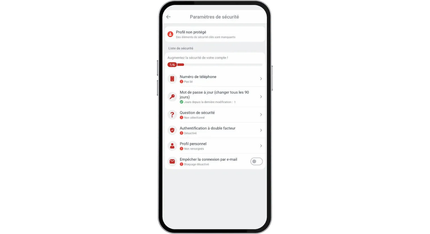 Options de sécurité sur l'application Megapari APK