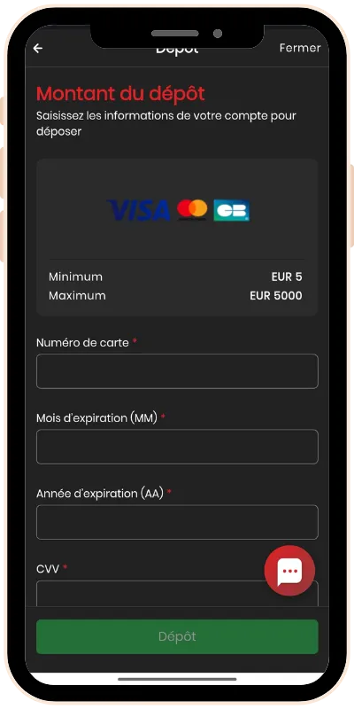 Écran de dépôt sur CircusBet avec les moyens de paiement disponibles
