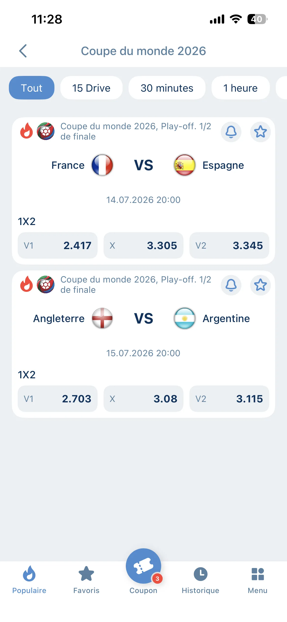 Cotes Coupe du monde phase finale sur 1xBet
