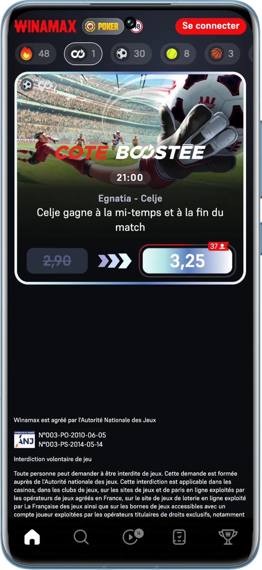 Onglet cote boostée affiché sur Winamax avec les rencontres du jour 