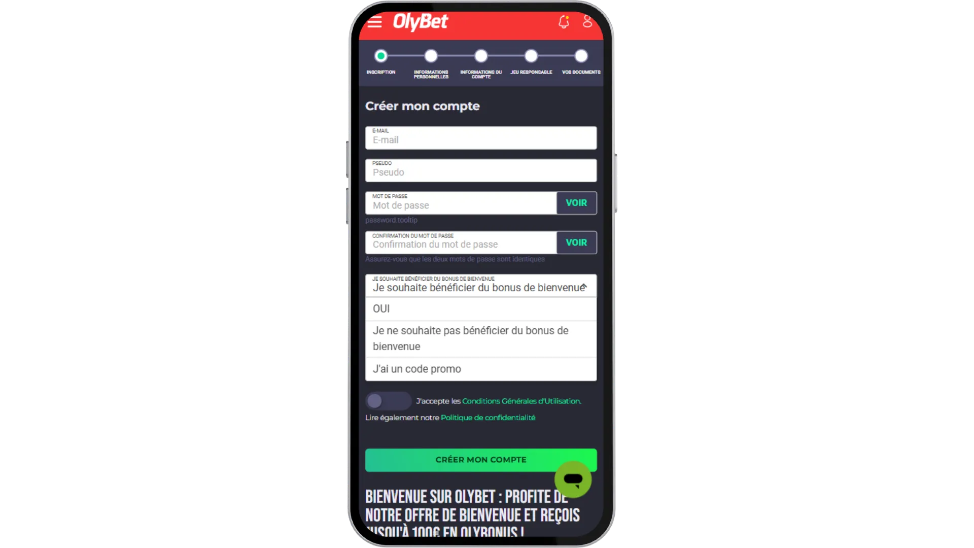 Remplir le champ J’ai un code promo sur Olybet