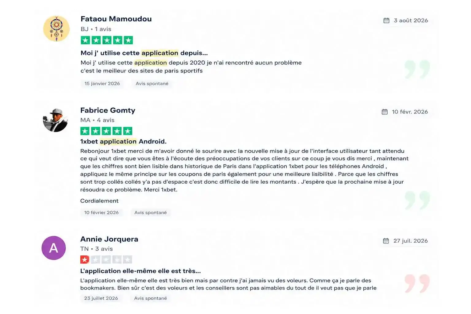 Avis Trustpilot sur l'application 1xBet