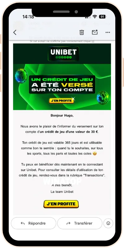 Mail confirmant la réception du bonus après le placement de notre premier pari