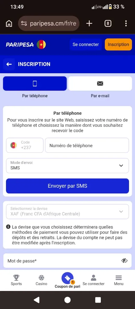 Inscription pariPesa via mobile, envoi SMS et devise Cameroun XAF