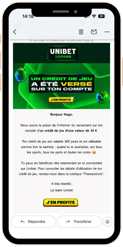 Confirmation par mail de la réception du bonus de bienvenue en freebets de Unibet