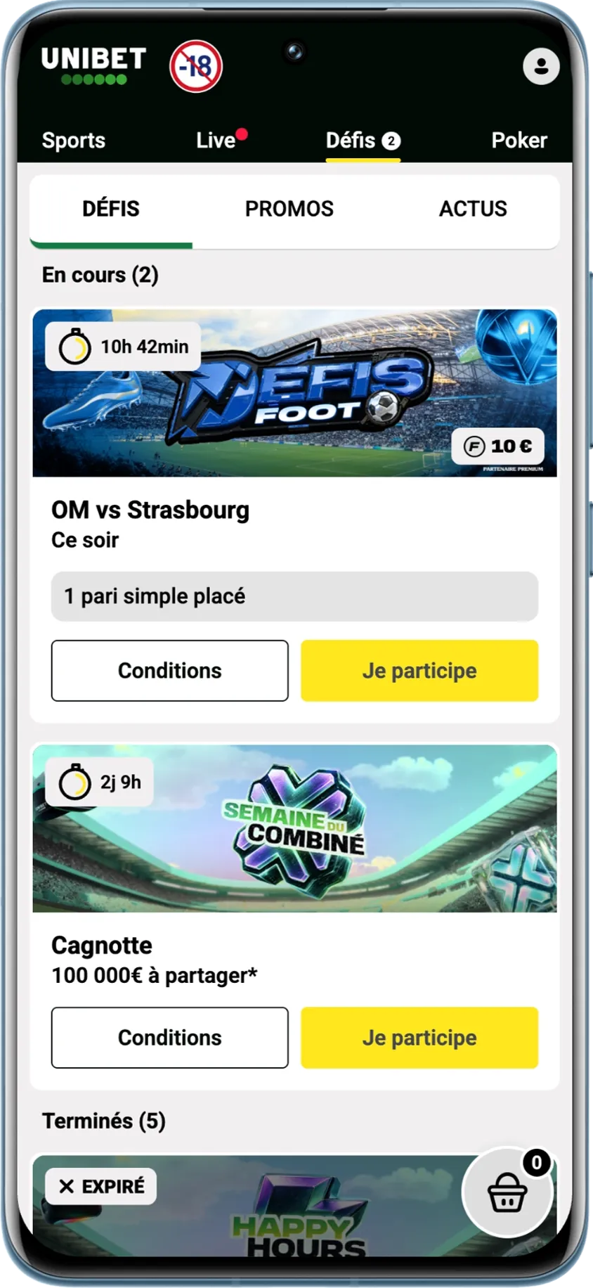 Liste des défis en cours et expirés sur Unibet