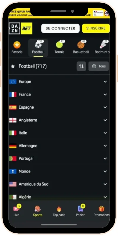 Liste des championnats et pays disponibles chez l’opérateur de paris sportifs Dazn Bet