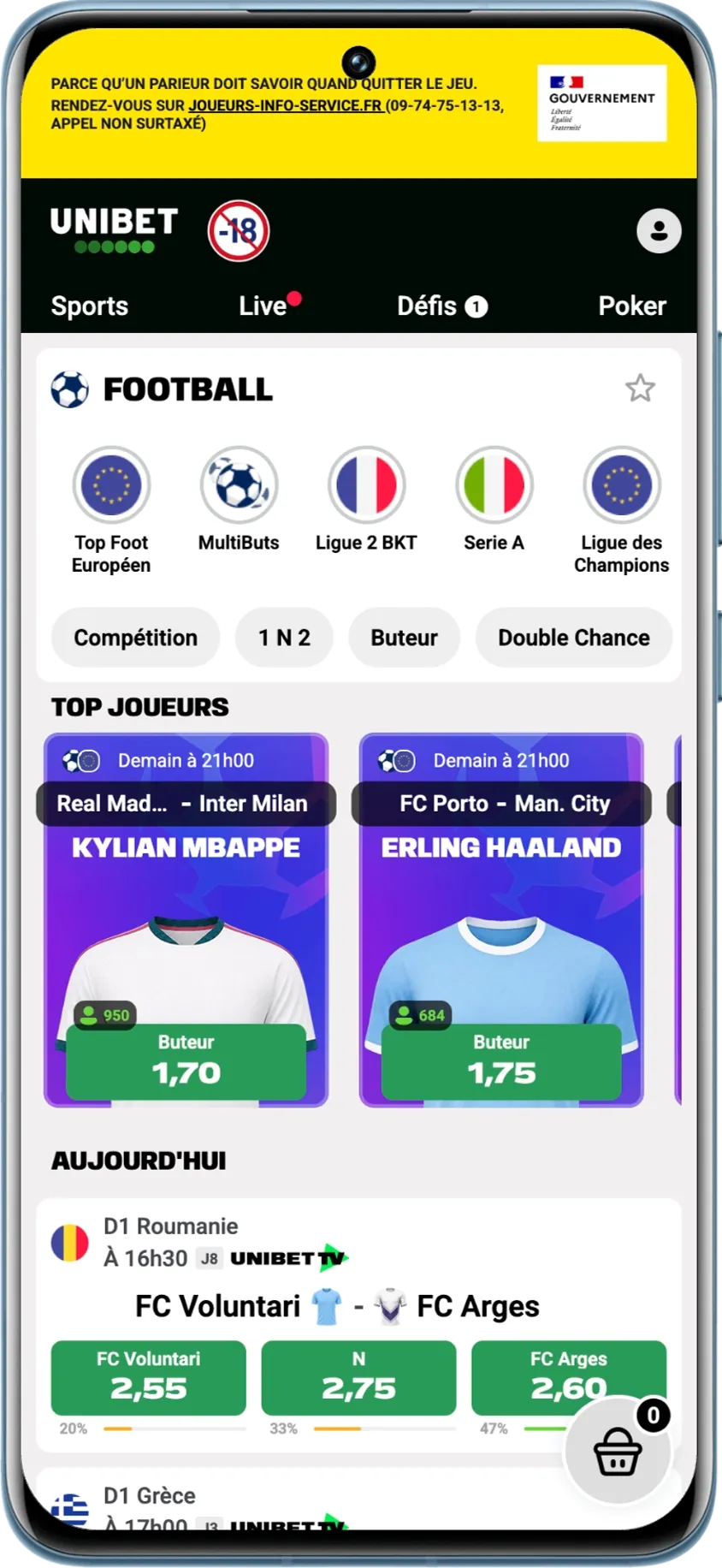 Catégorie foot de l’application Unibet