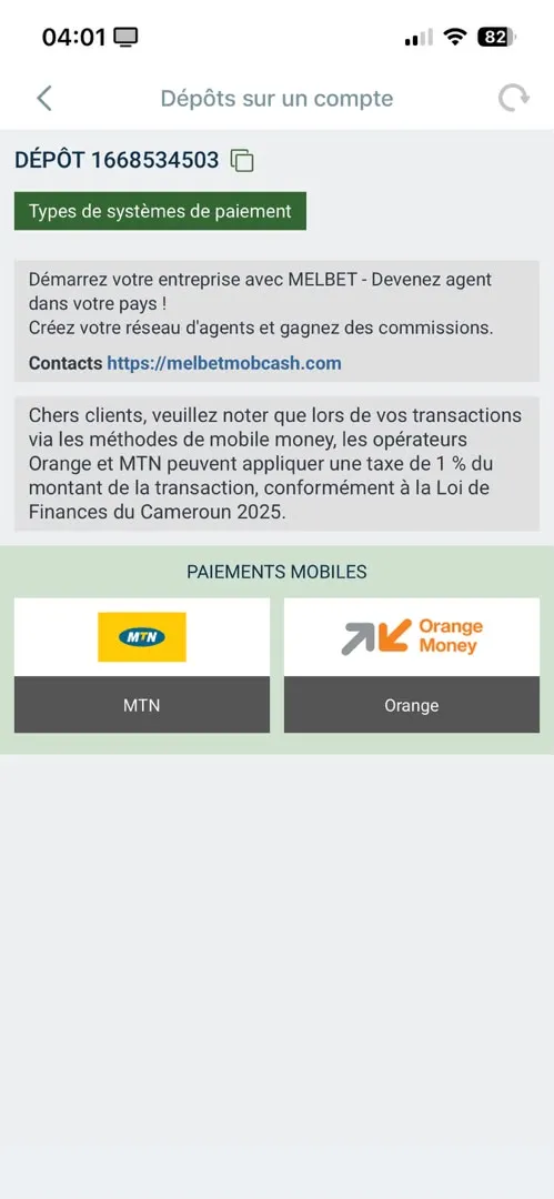 Page de dépot pour le code promoMelBet