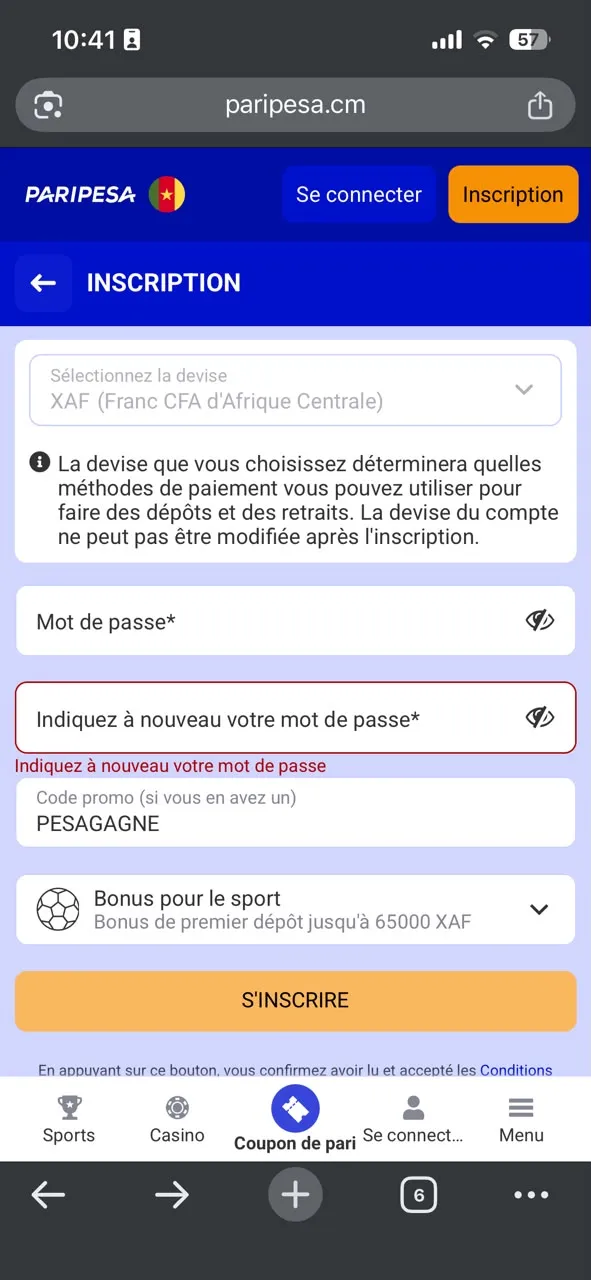 Inscription PariPesa via téléphone avec code promo PESAGAGNE bonus sport