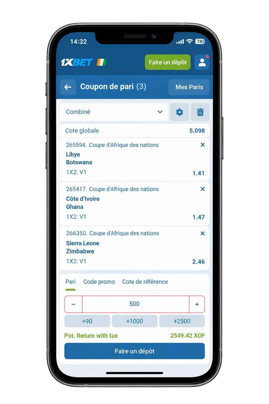 Coupon Combiné CAN avec le code promo 1xBet