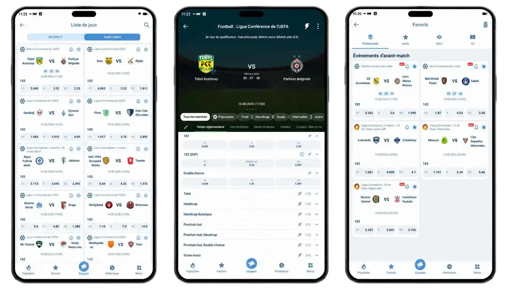 Jeux et section Favoris sur 1xBet APK