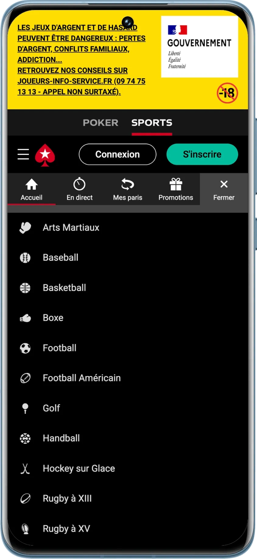 Liste des sports accessibles sur la partie paris sportifs de PokerStars avec l’onglet poker visible en haut de l’écran