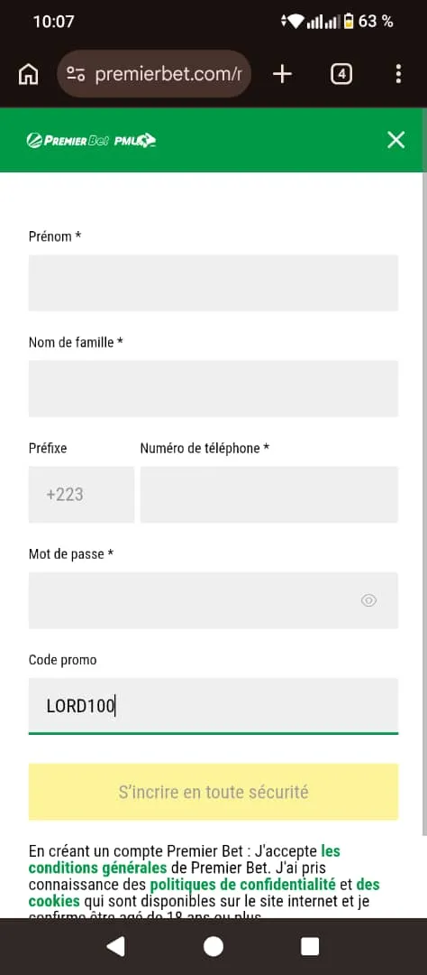 code LORD100 dans formulaire d'inscription Premier Bet