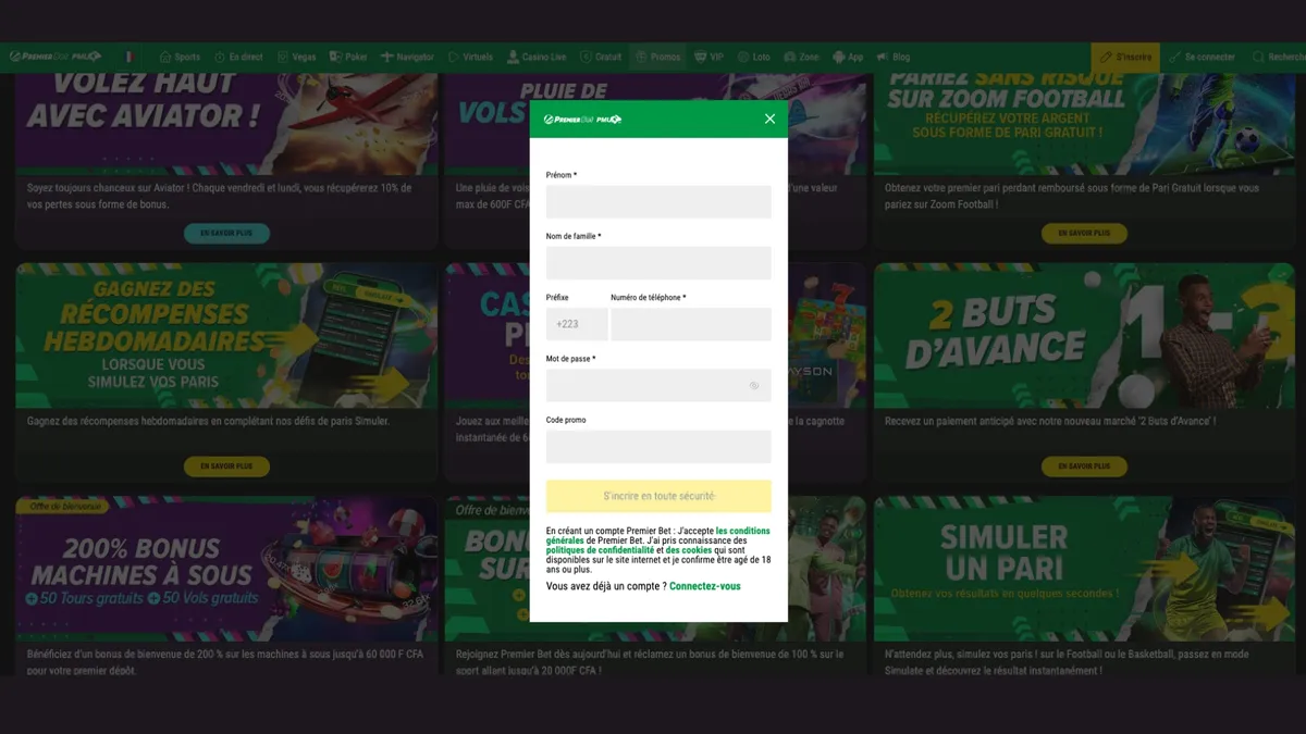 Tapez le code bonus Premier Bet à l'ouverture de votre compte.
