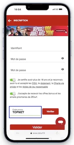 Créez un compte en saisissant TOPMZT dans le champ code promo du formulaire