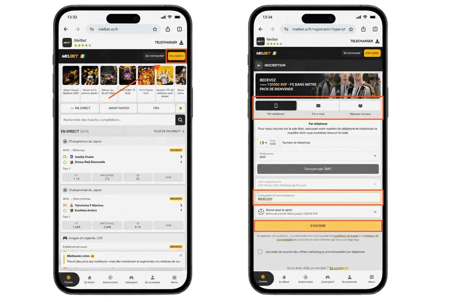 Inscription Melbet sur mobile 