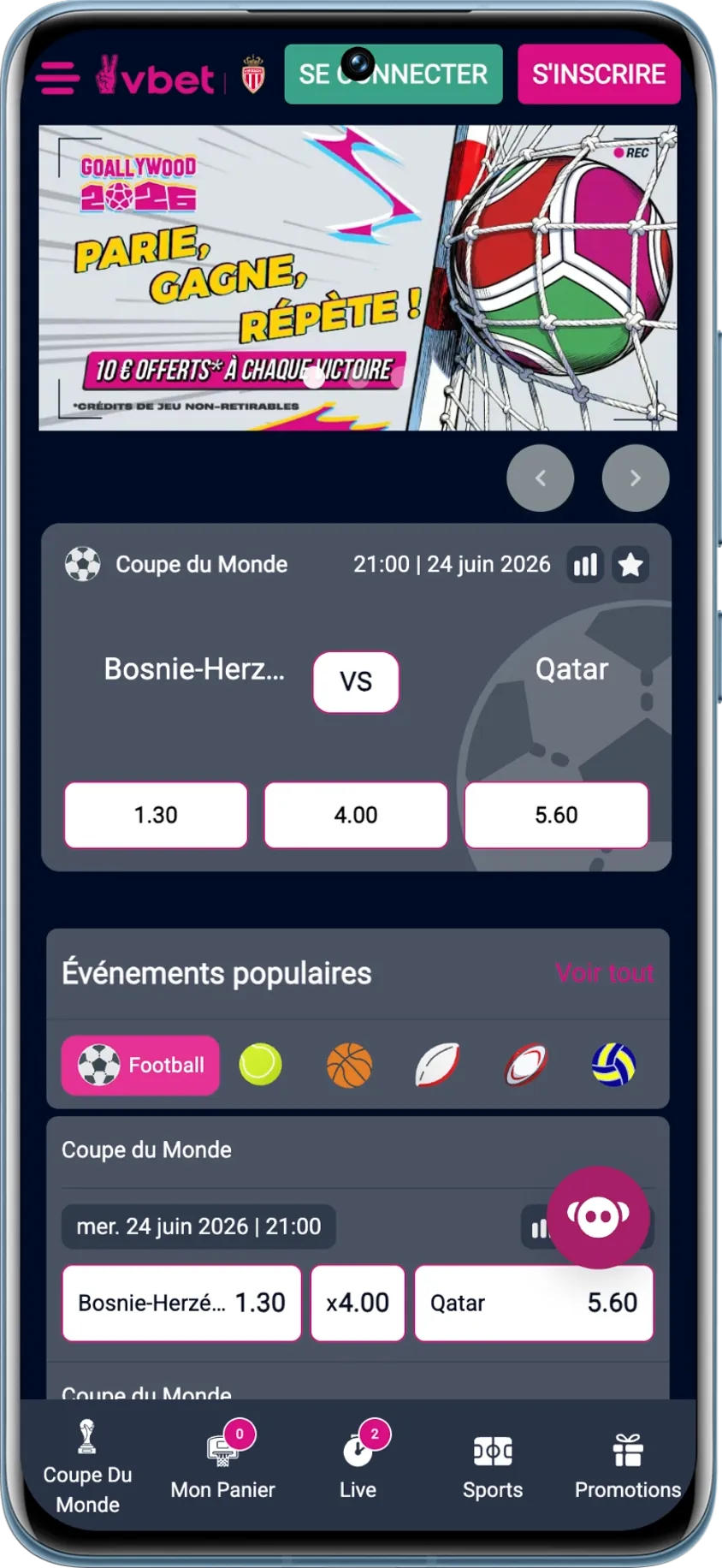 Capture d'écran de l'accueil de Vbet