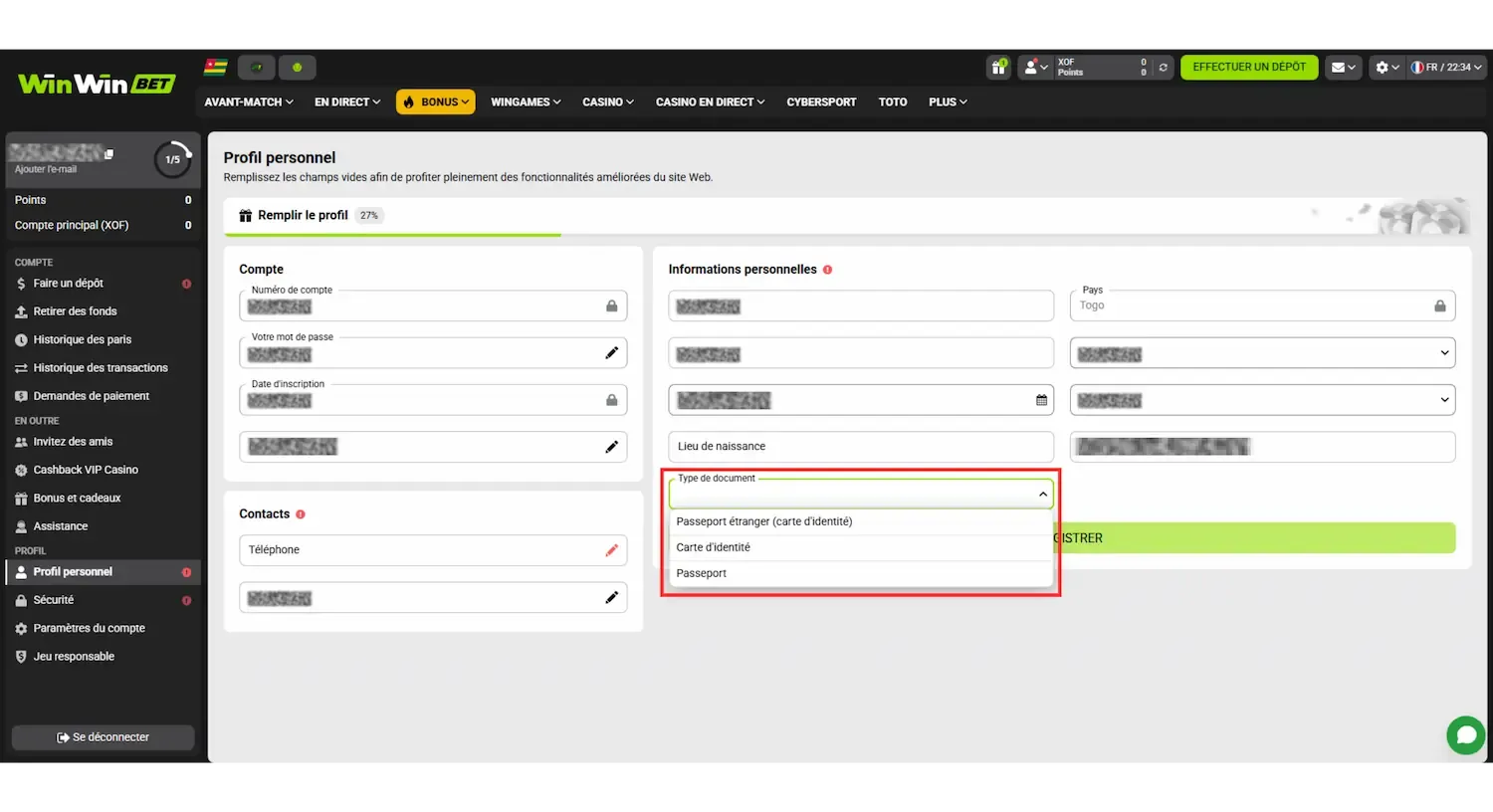 Processus KYC pendant l'inscription WinWin