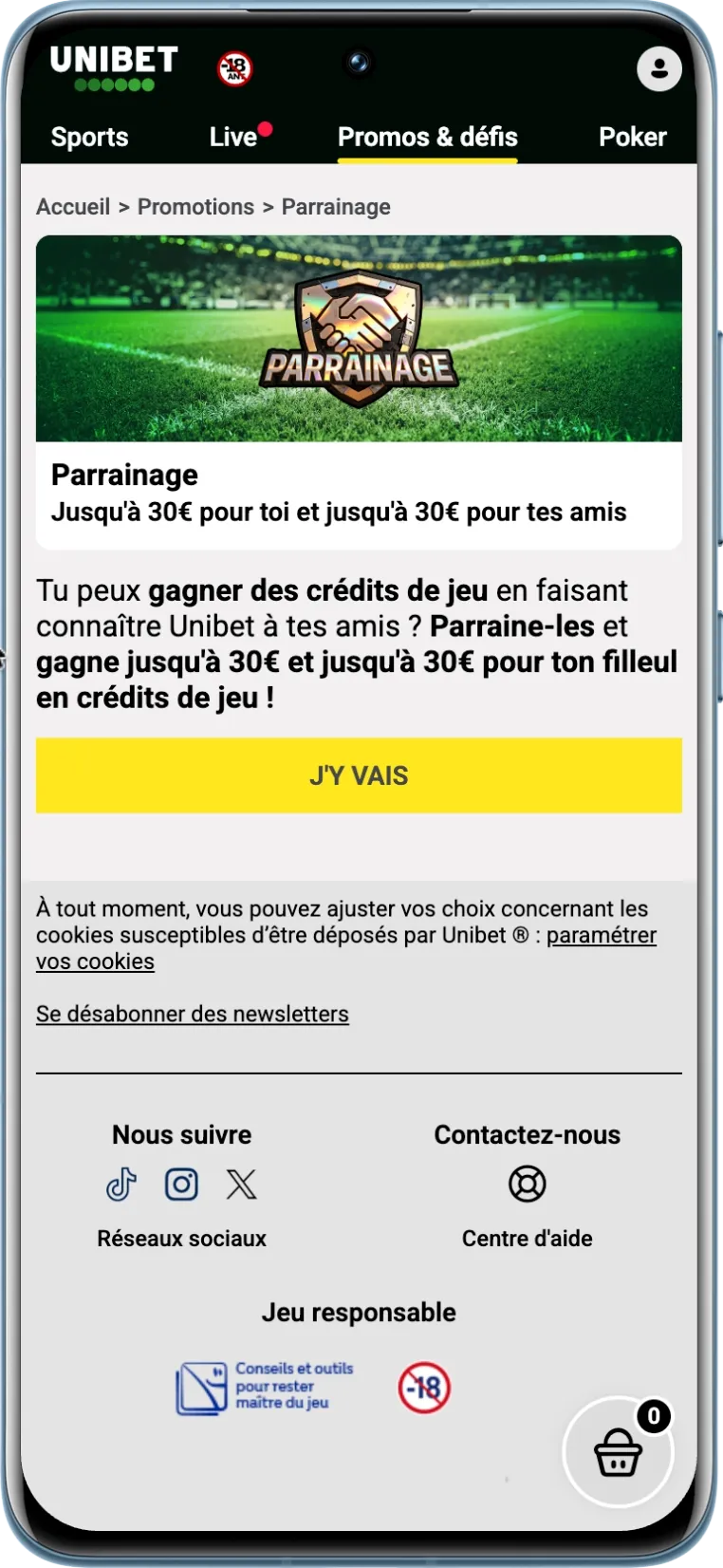 Offre de parrainage Unibet avec 30 € de freebets offerts