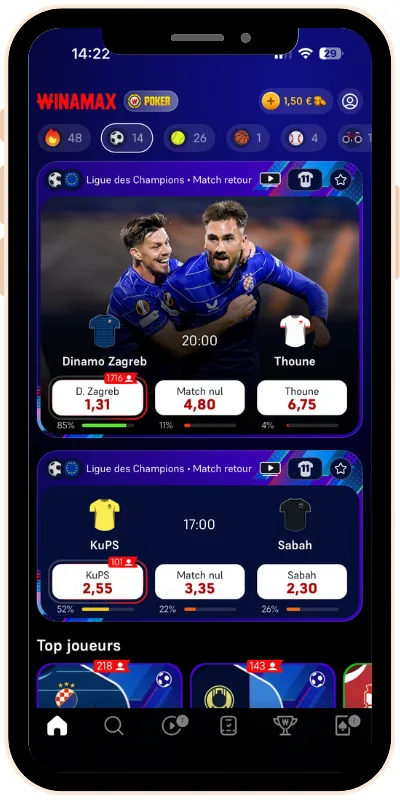 Page d’accueil foot avec les rencontres du jour, les top joueurs et les tendances complètes de chaque rencontre