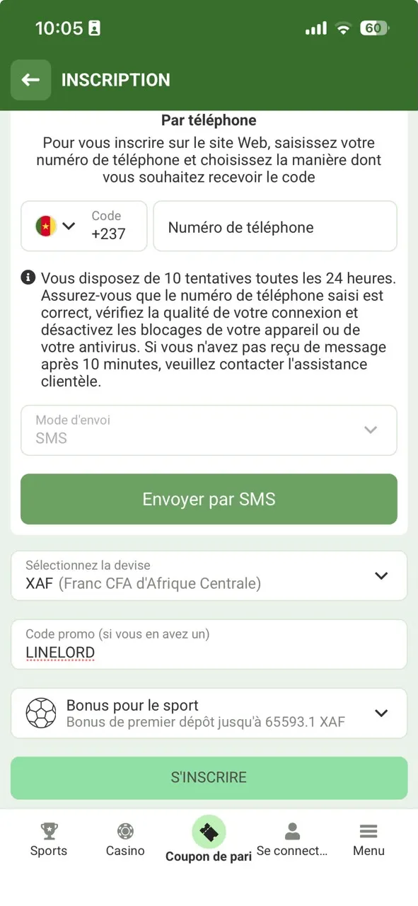 Inscription du code promo Linebet LINELORD