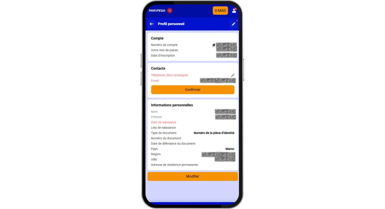 Profil joueur PariPesa après l’inscription