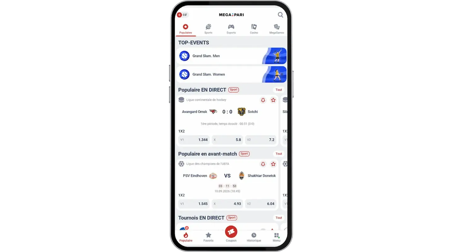 Page d'accueil de l'app Megapari APK sur Android