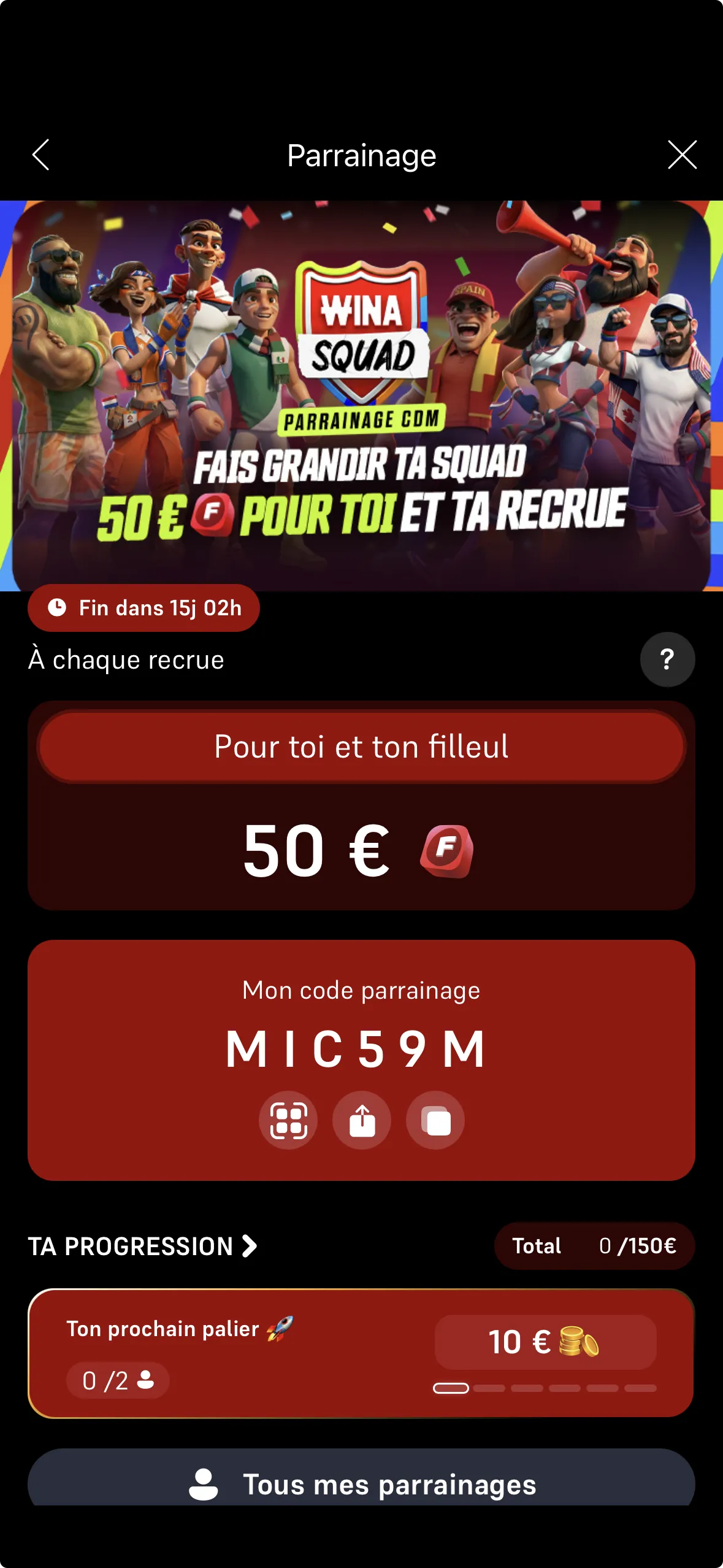 Parrainez des amis avec le code pour gagner 50 €