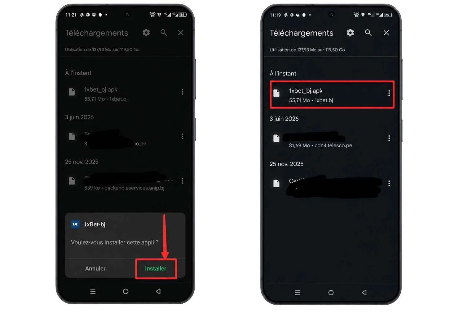 Validation du téléchargement de l'APK 1xBet sur Android