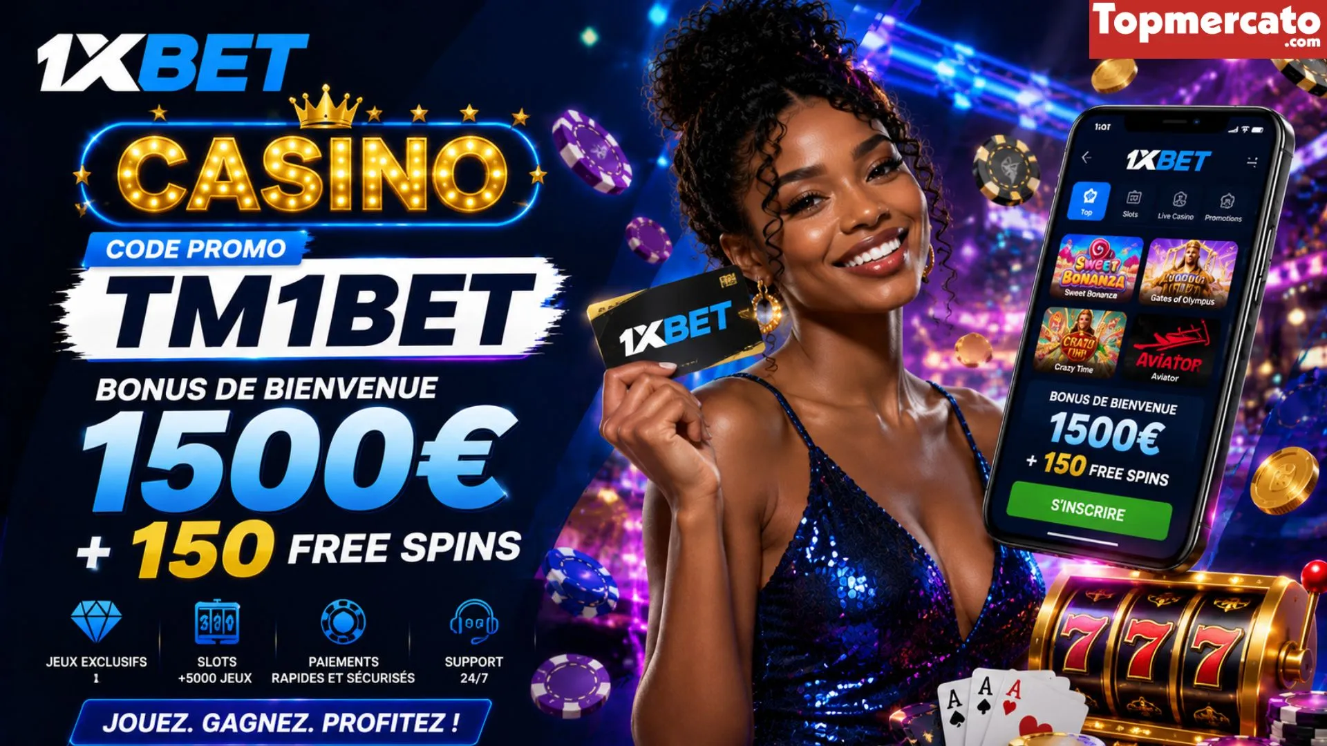 Le code promo 1xBet pour le casino offre jusqu'à 1500€ avec 150 free spins.