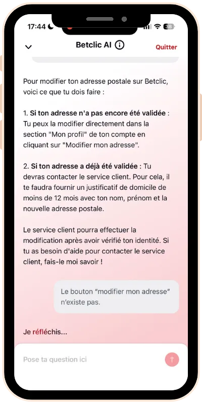 Conversation avec le bot du service client de Betclic