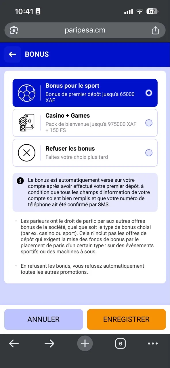 Choix entre bonus sport et casino avec le code promo Paripesa