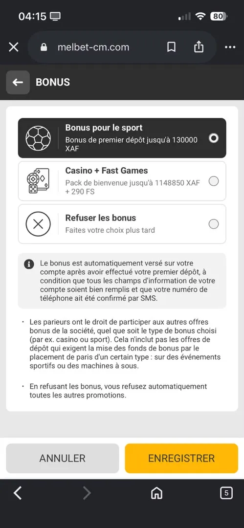 Choix bonus bienvenue MelBet