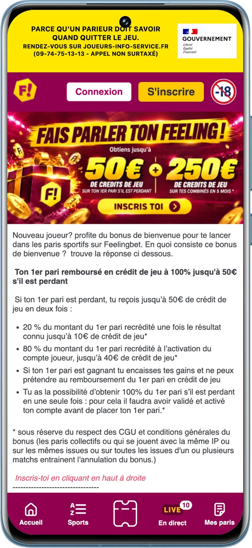 Bonus de 300 € et ses conditions visibles sur le site de FeelingBet