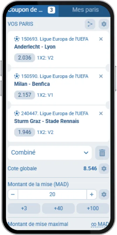 Combiné Ligue Europa 2026 avec le code promo 1xBet