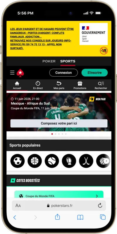 Écran d'accueil de l'application de paris sportifs Pokerstars