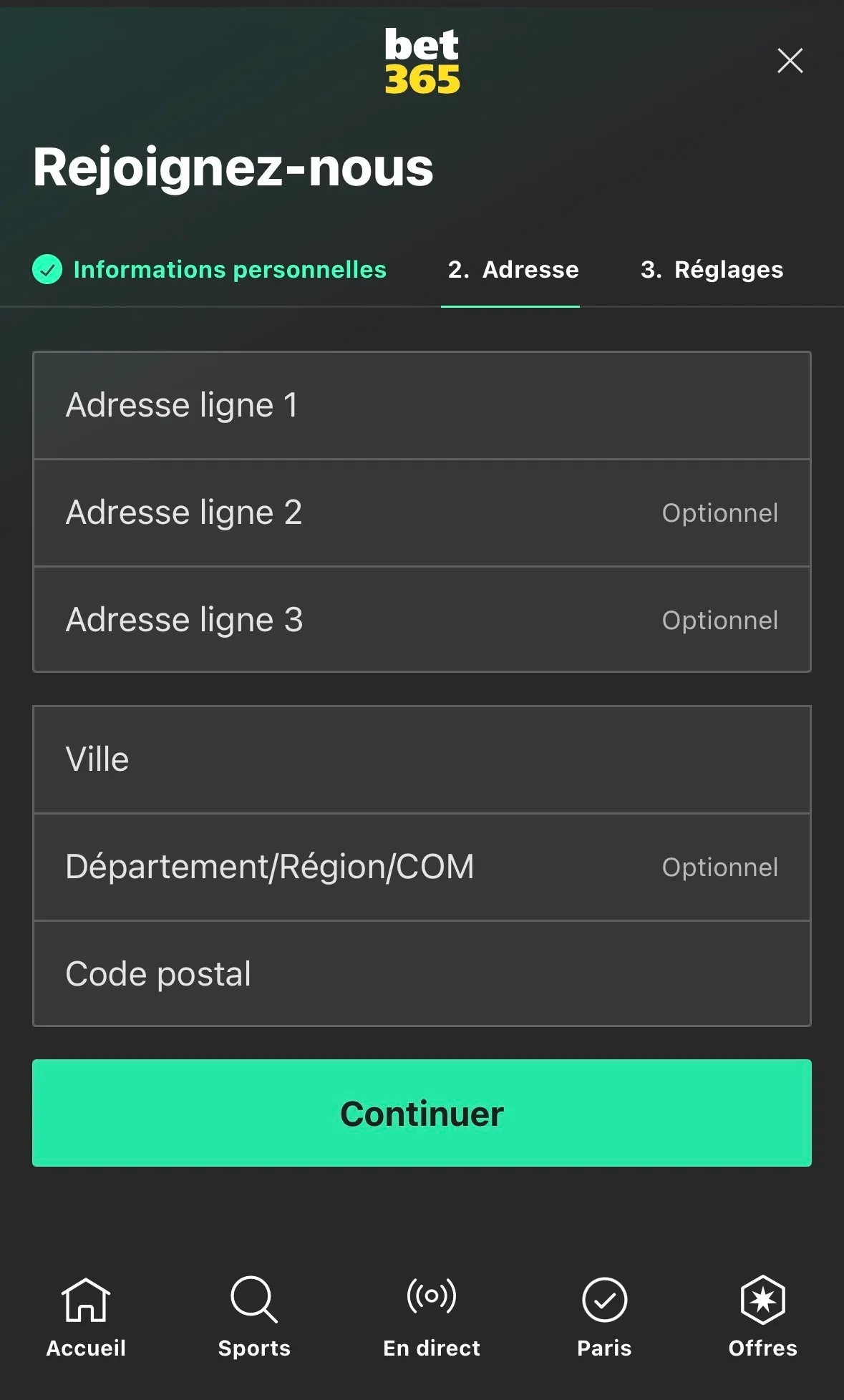 Écran adresse bet365.fr, test du 15/06/2026