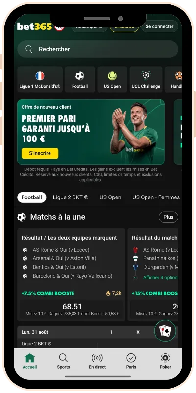 Interface d'accueil de l'application bet365