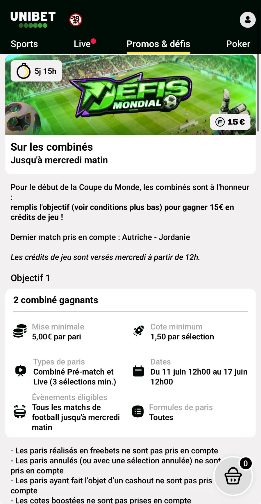 Le défi sur les combinés du Mondial sur Unibet