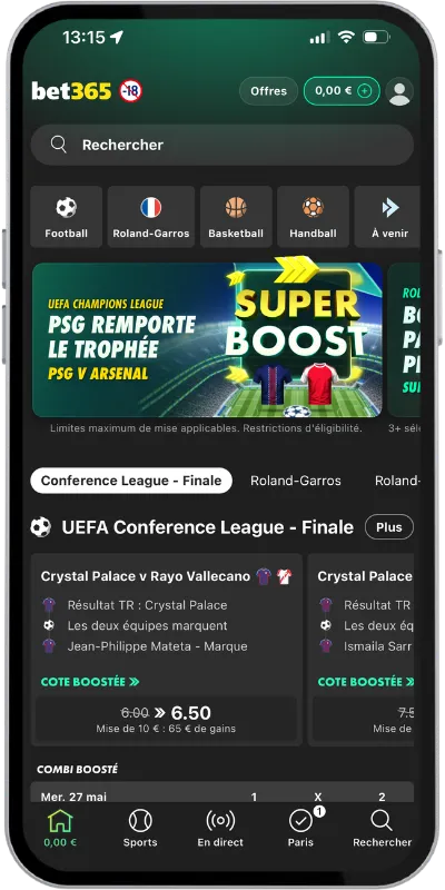 L'accueil de l'application Bet365 FR