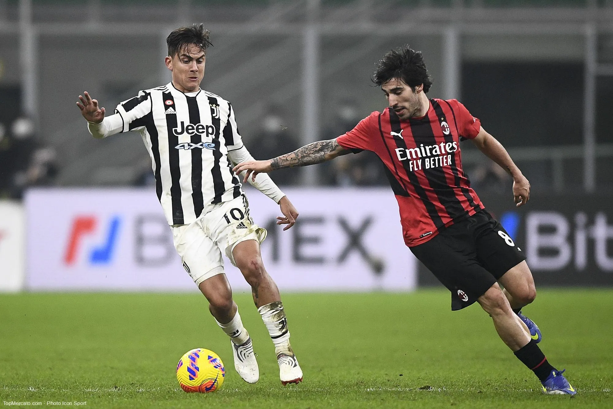 Paulo Dybala et Sandro Tonali, match Milan AC-Juventus Turin