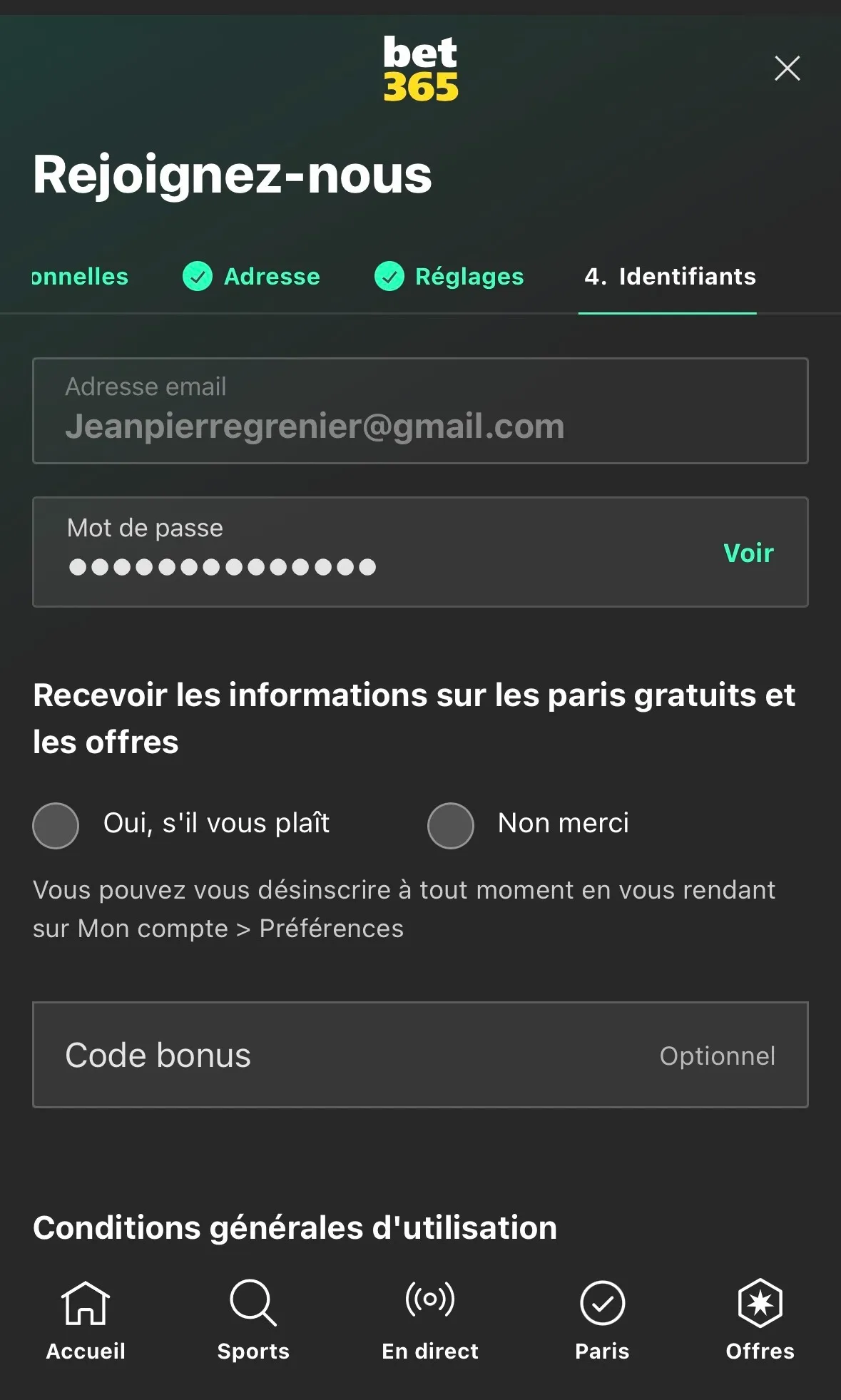 Écran identifiants bet365.fr, test du 15/06/2026